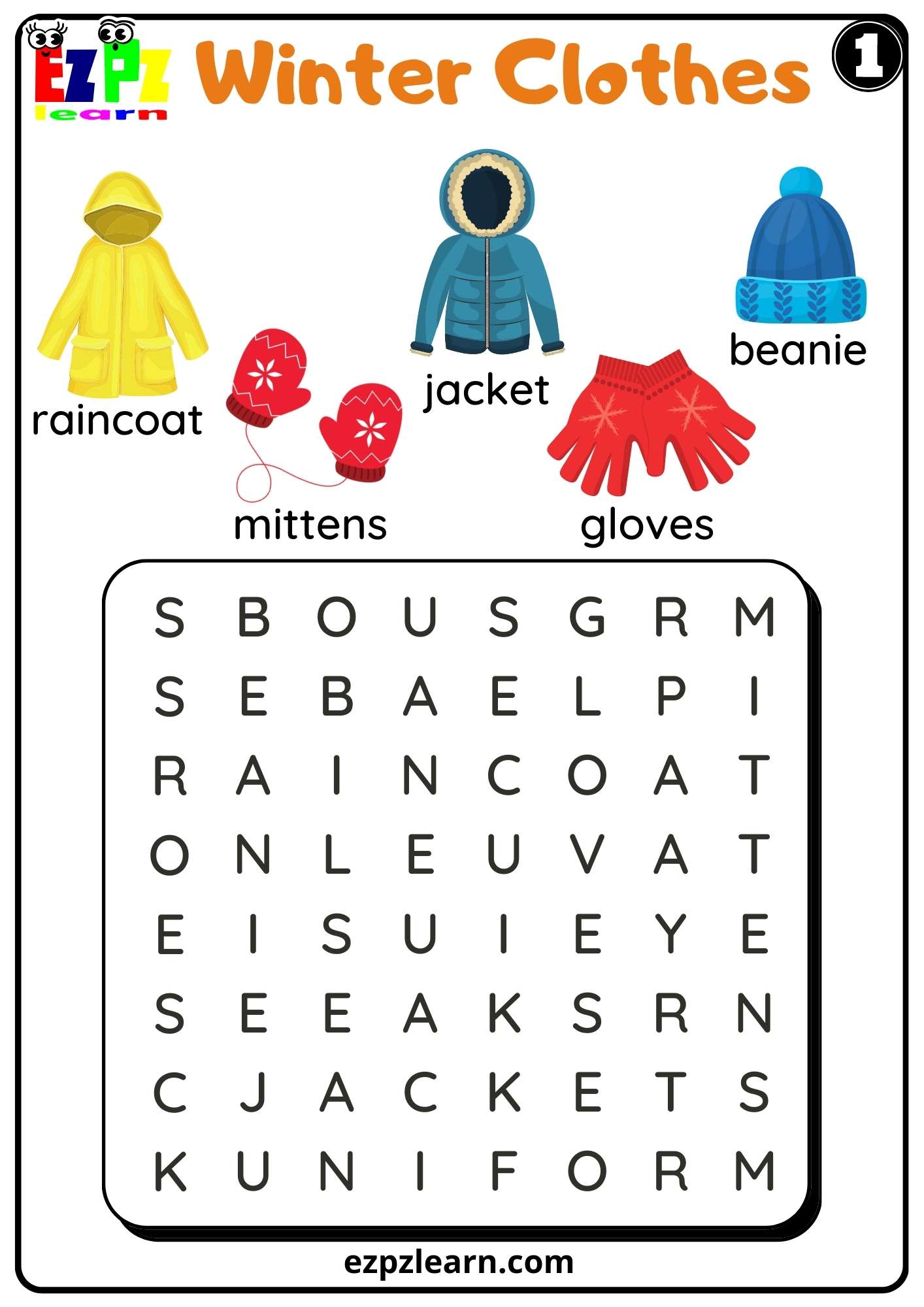 Winter Clothes Word Search Worksheet For K5 And ESL PDF Download Set 1 Ezpzlearn